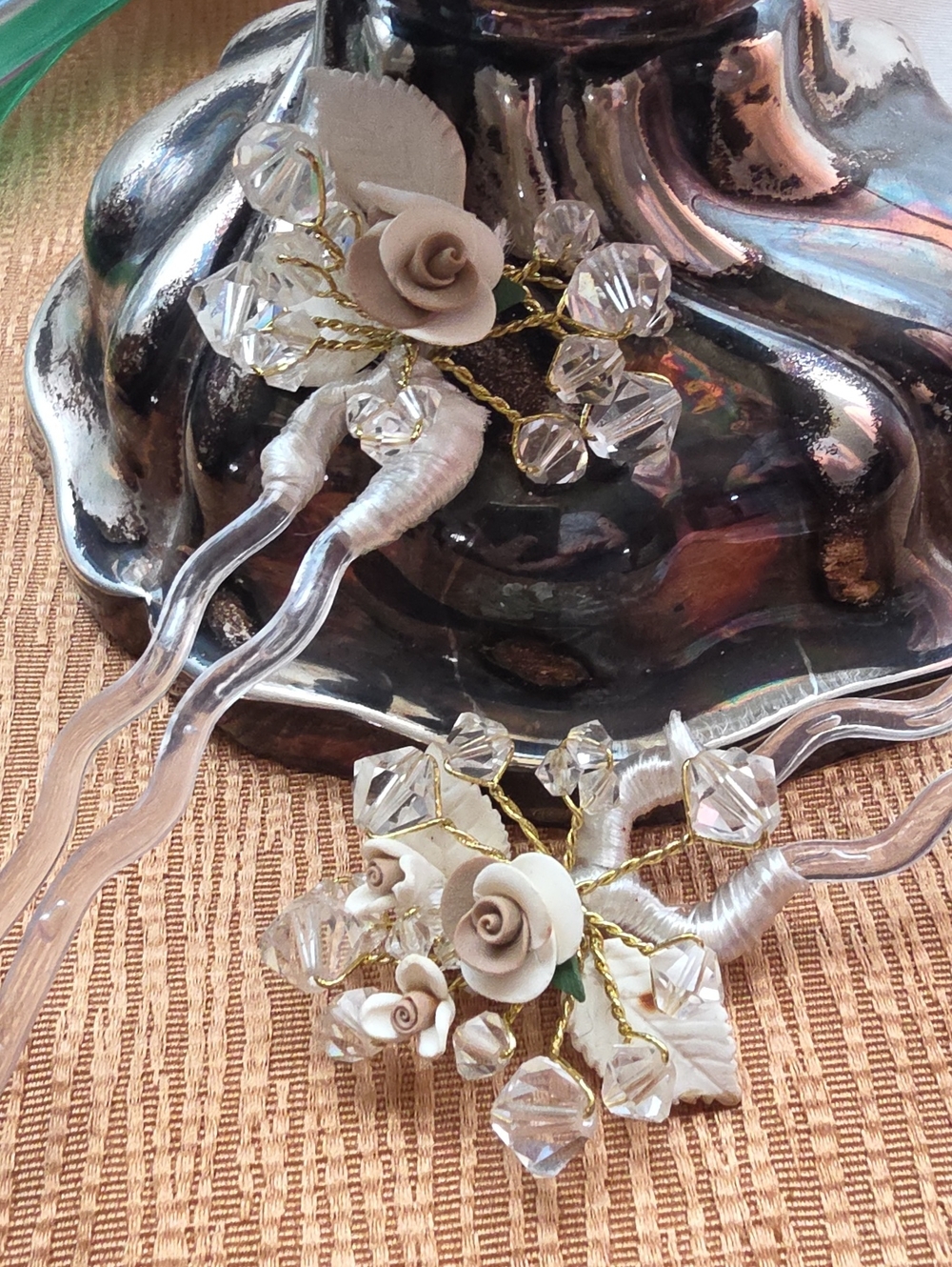 Elegant Cream Floral Hair Forks with Crystal Accents